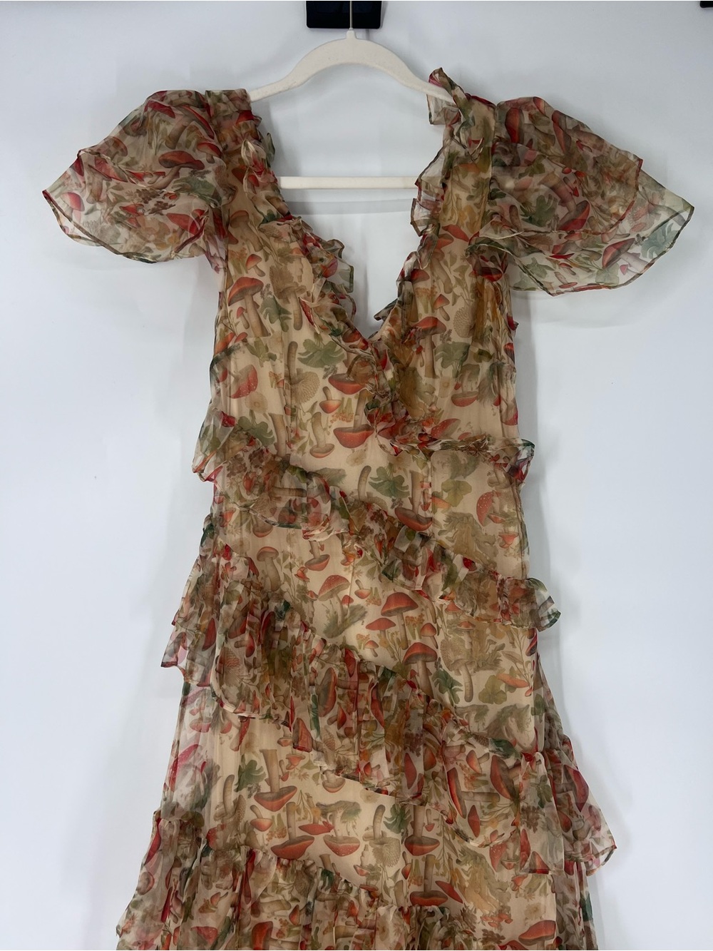 Selkie Satin Mushroom Brown Floral Ruffle Tiered V Neck Formal Maxi Dress XS - Picture 3 of 8
